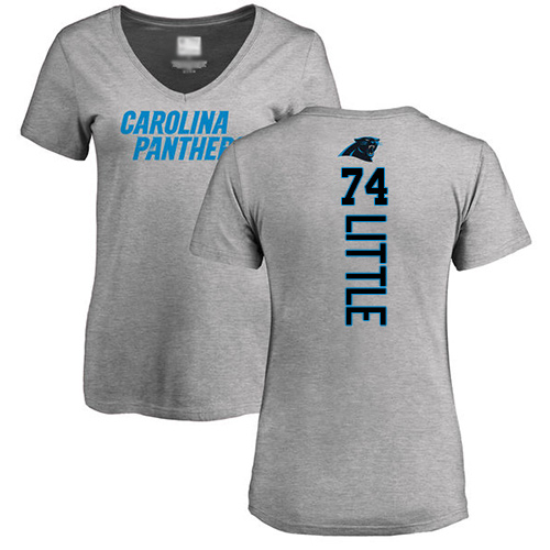 Carolina Panthers Ash Women Greg Little Backer V-Neck NFL Football #74 T Shirt->nfl t-shirts->Sports Accessory